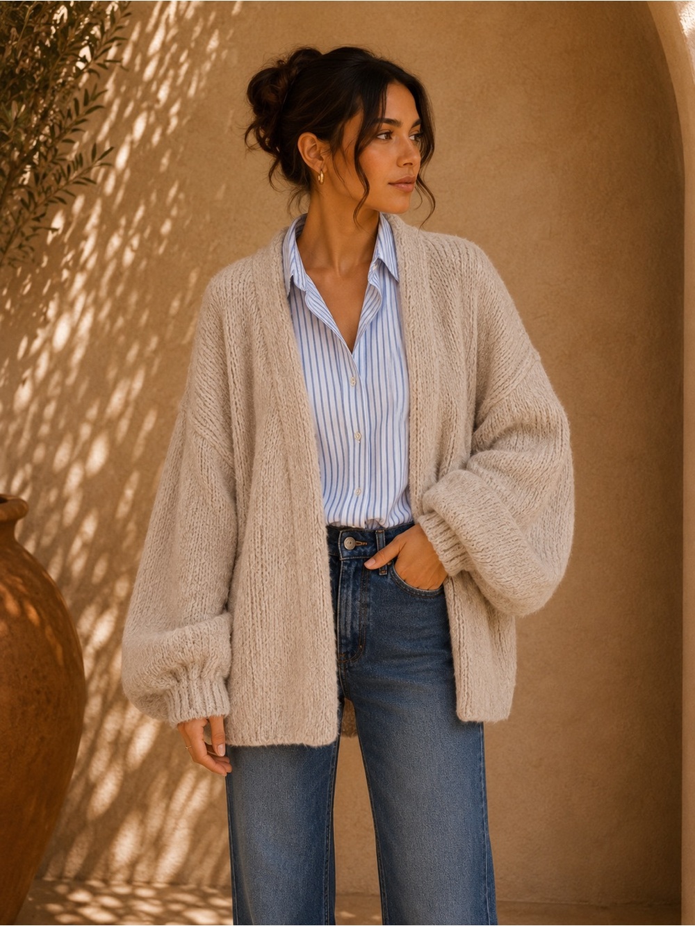 PRETTYGARDEN Beige Oversized Cardigan S | Cozy Fall Knit Sweater